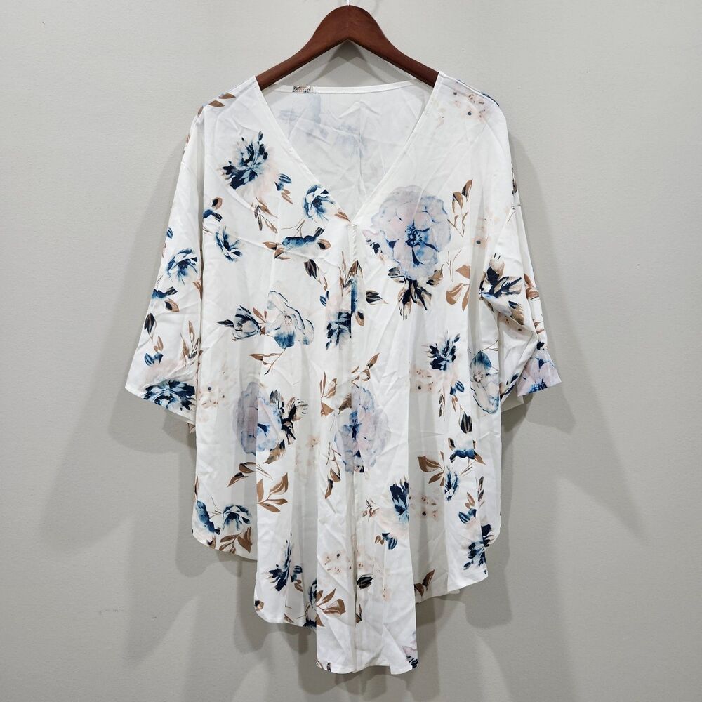 Womens Floral Popover Casual Top 2XL White Blue Romantic Fairy Feminine Festival